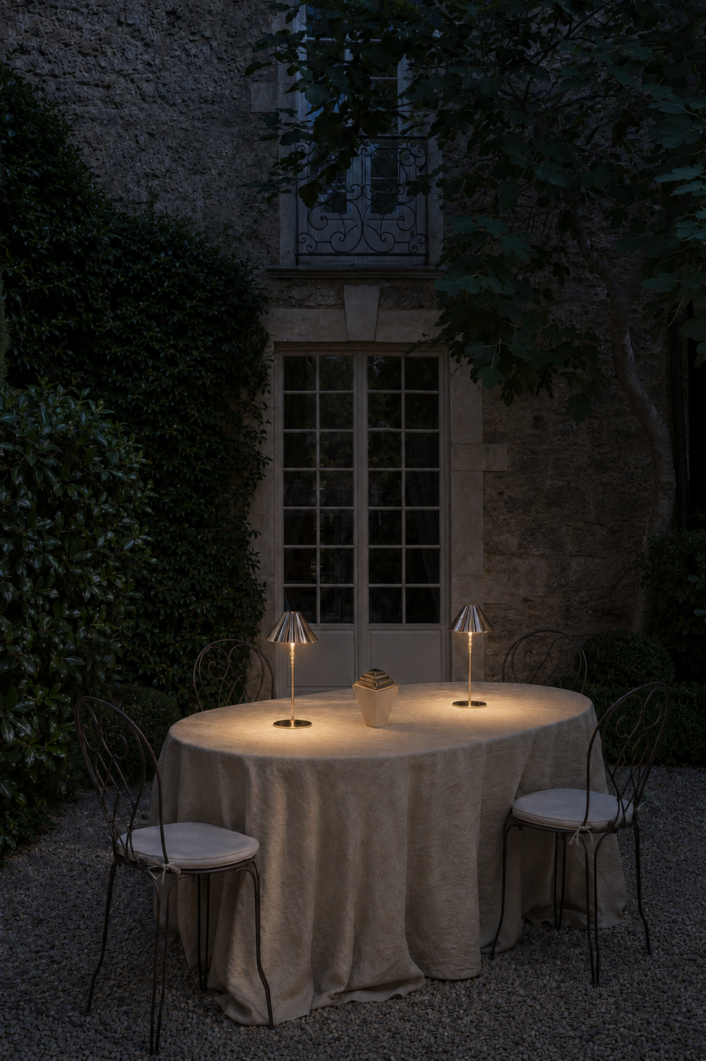 Beautifully set table in a romantic garden in provence with two cordless table lamps as a centerpiece