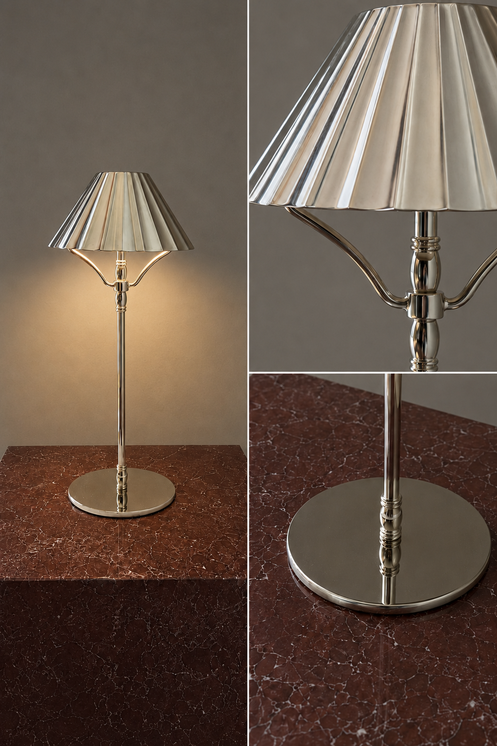 Silver high quality cordless lamp placed on a red marble