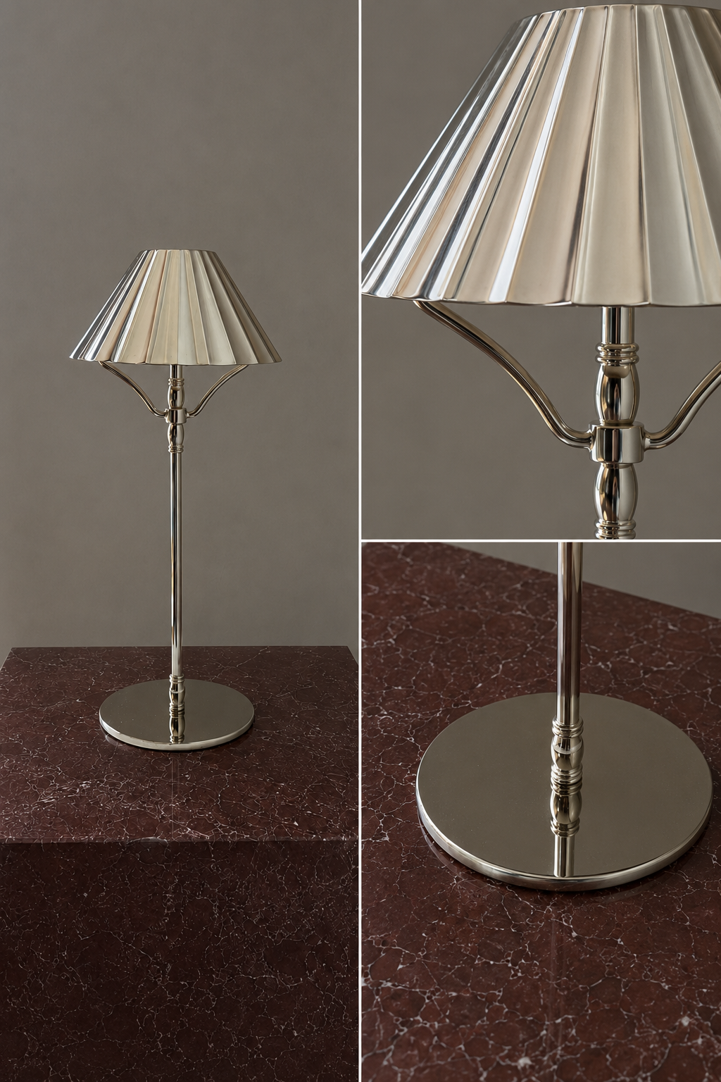 A modern cordless table lamp with a pleated metallic silver shade and polished chrome base, shown in a multi-panel collage on a dark marble surface against a neutral gray background.